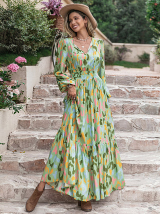 Shop Printed Tie Neck Long Sleeve Maxi Dress Now On Klozey Store - Trendy U.S. Premium Women Apparel & Accessories And Be Up-To-Fashion!