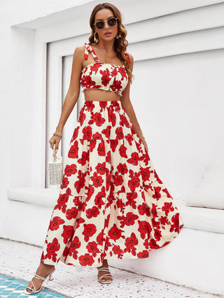 Shop Floral Tie Shoulder Top and Tiered Maxi Skirt Set Now On Klozey Store - U.S. Fashion And Be Up-To-Fashion!