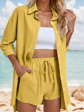 Shop Pocketed Button Up Shirt and Drawstring Shorts Set Now On Klozey Store - Trendy U.S. Premium Women Apparel & Accessories And Be Up-To-Fashion!