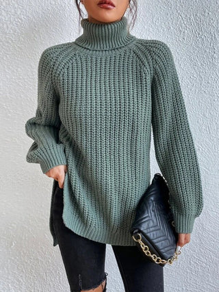 Shop Full Size Turtleneck Rib-Knit Slit Sweater Now On Klozey Store - Trendy U.S. Premium Women Apparel & Accessories And Be Up-To-Fashion!