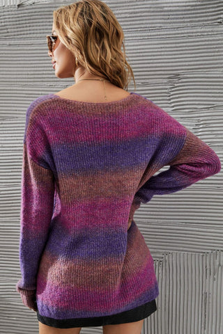 Shop Multicolored Rib-Knit V-Neck Knit Pullover Now On Klozey Store - Trendy U.S. Premium Women Apparel & Accessories And Be Up-To-Fashion!