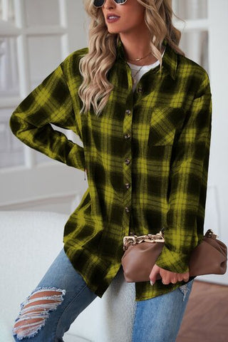 Shop Plaid Button Up Dropped Shoulder Outerwear Now On Klozey Store - Trendy U.S. Premium Women Apparel & Accessories And Be Up-To-Fashion!