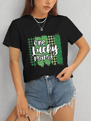 Shop ONE LUCKY MAMA Round Neck T-Shirt Now On Klozey Store - Trendy U.S. Premium Women Apparel & Accessories And Be Up-To-Fashion!