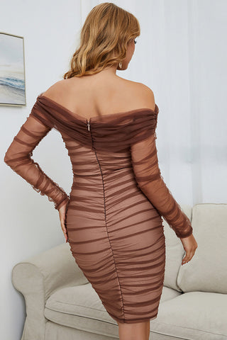 Shop Off-Shoulder Ruched Long Sleeve Tulle Dress Now On Klozey Store - U.S. Fashion And Be Up-To-Fashion!