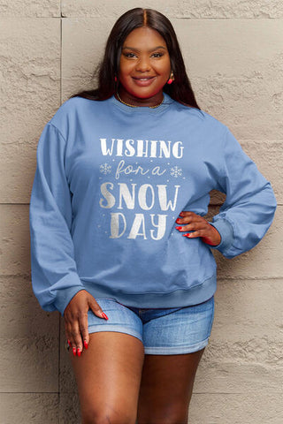 Shop Simply Love Full Size WISHING FOR A SNOW DAY Round Neck Sweatshirt Now On Klozey Store - Trendy U.S. Premium Women Apparel & Accessories And Be Up-To-Fashion!