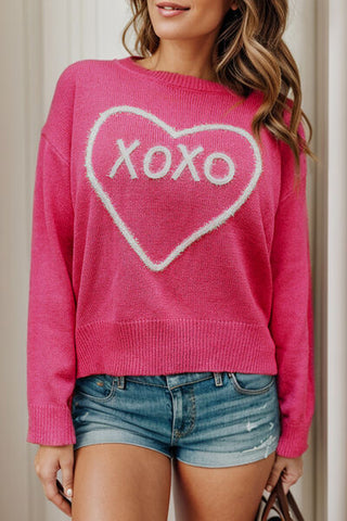Shop XOXO Heart Round Neck Dropped Shoulder Sweater Now On Klozey Store - Trendy U.S. Premium Women Apparel & Accessories And Be Up-To-Fashion!