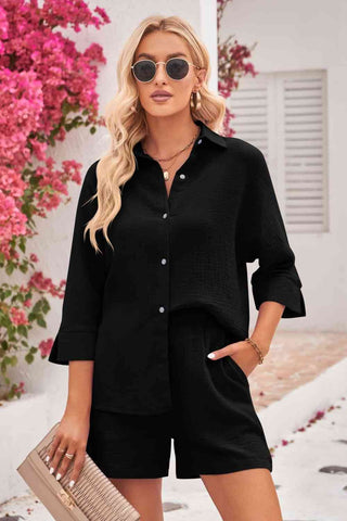 Shop Double Take Textured Shirt and Elastic Waist Shorts Set Now On Klozey Store - Trendy U.S. Premium Women Apparel & Accessories And Be Up-To-Fashion!