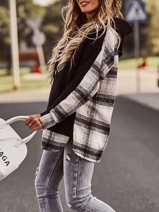 Shop Plaid Drawstring Dropped Shoulder Hoodie Now On Klozey Store - Trendy U.S. Premium Women Apparel & Accessories And Be Up-To-Fashion!