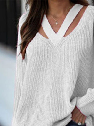Shop Full Size Cutout V-Neck Rib-Knit Sweater Now On Klozey Store - Trendy U.S. Premium Women Apparel & Accessories And Be Up-To-Fashion!