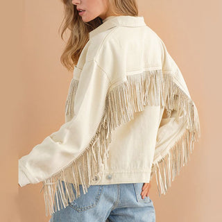 Shop Fringe Detail Dropped Shoulder Denim Jacket Now On Klozey Store - Trendy U.S. Premium Women Apparel & Accessories And Be Up-To-Fashion!