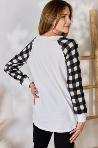 Shop Hailey & Co Full Size Plaid Raglan Sleeve Round Neck Blouse Now On Klozey Store - Trendy U.S. Premium Women Apparel & Accessories And Be Up-To-Fashion!