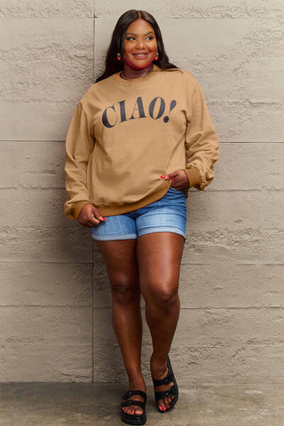 Shop Simply Love Full Size CIAO！Round Neck Sweatshirt Now On Klozey Store - Trendy U.S. Premium Women Apparel & Accessories And Be Up-To-Fashion!
