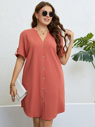 Shop Plus Size Buttoned Notched Neck Shift Dress Now On Klozey Store - Trendy U.S. Premium Women Apparel & Accessories And Be Up-To-Fashion!