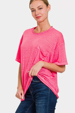 Shop Zenana Pocketed Round Neck Dropped Shoulder T-Shirt Now On Klozey Store - Trendy U.S. Premium Women Apparel & Accessories And Be Up-To-Fashion!