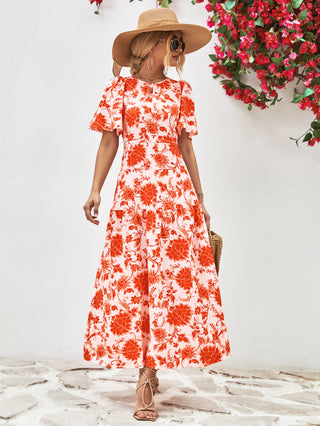 Shop Floral Round Neck Tied Open Back Dress Now On Klozey Store - Trendy U.S. Premium Women Apparel & Accessories And Be Up-To-Fashion!