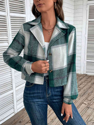 Shop Plaid Collared Neck Button Up Long Sleeve Jacket Now On Klozey Store - Trendy U.S. Premium Women Apparel & Accessories And Be Up-To-Fashion!