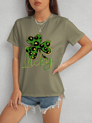 Shop Lucky Clover Round Neck Short Sleeve T-Shirt Now On Klozey Store - Trendy U.S. Premium Women Apparel & Accessories And Be Up-To-Fashion!
