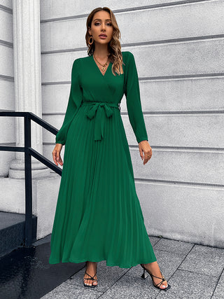 Shop V-Neck Tie Waist Pleated Maxi Dress Now On Klozey Store - Trendy U.S. Premium Women Apparel & Accessories And Be Up-To-Fashion!