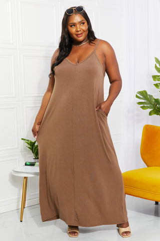 Shop Zenana Full Size Beach Vibes Cami Maxi Dress in Mocha Now On Klozey Store - Trendy U.S. Premium Women Apparel & Accessories And Be Up-To-Fashion!