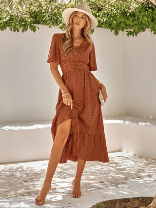 Shop Swiss Dot V-Neck Ruffle Hem Dress Now On Klozey Store - Trendy U.S. Premium Women Apparel & Accessories And Be Up-To-Fashion!