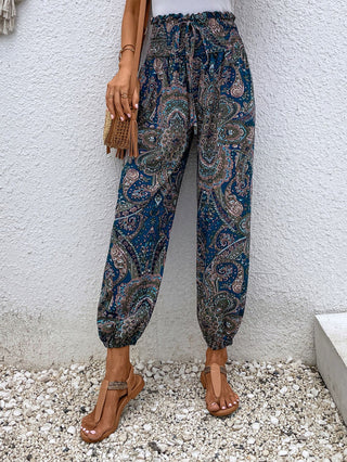 Shop Paisley Print Smocked High-Waist Pants Now On Klozey Store - U.S. Fashion And Be Up-To-Fashion!