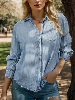 Shop Embroidered Pocketed Button Up Denim Shirt Now On Klozey Store - Trendy U.S. Premium Women Apparel & Accessories And Be Up-To-Fashion!