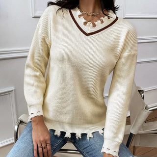 Shop Frayed Detail V-Neck Sweater Now On Klozey Store - Trendy U.S. Premium Women Apparel & Accessories And Be Up-To-Fashion!