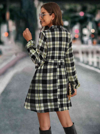 Shop Plaid Tie Front Collared Neck Long Sleeve Dress Now On Klozey Store - Trendy U.S. Premium Women Apparel & Accessories And Be Up-To-Fashion!