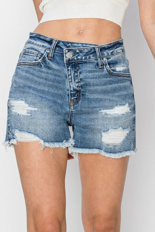 Shop RISEN Stepped Waist Frayed Denim Shorts Now On Klozey Store - Trendy U.S. Premium Women Apparel & Accessories And Be Up-To-Fashion!