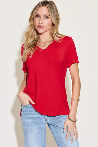 Shop Basic Bae Full Size V-Neck High-Low T-Shirt Now On Klozey Store - Trendy U.S. Premium Women Apparel & Accessories And Be Up-To-Fashion!