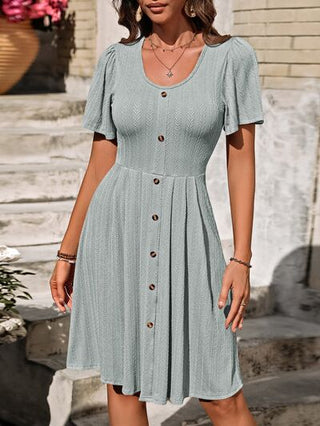 Shop Decorative Button Scoop Neck Short Sleeve Dress Now On Klozey Store - Trendy U.S. Premium Women Apparel & Accessories And Be Up-To-Fashion!