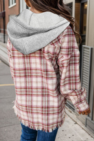 Shop Plaid Raw Hem Drawstring Hooded Jacket Now On Klozey Store - Trendy U.S. Premium Women Apparel & Accessories And Be Up-To-Fashion!