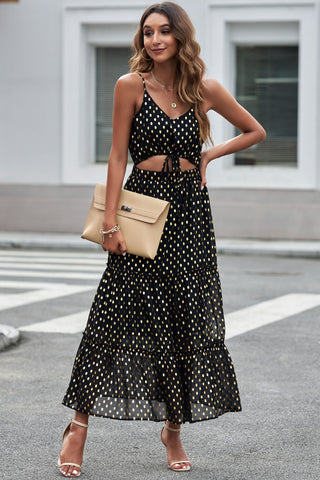 Shop Polka Dot Cutout Spaghetti Strap Tiered Maxi Dress Now On Klozey Store - Trendy U.S. Premium Women Apparel & Accessories And Be Up-To-Fashion!