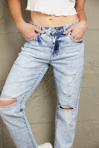 Shop Baeful Splatter Distressed Acid Wash Jeans with Pockets Now On Klozey Store - Trendy U.S. Premium Women Apparel & Accessories And Be Up-To-Fashion!