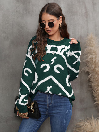 Shop Printed Round Neck Dropped Shoulder Sweater Now On Klozey Store - Trendy U.S. Premium Women Apparel & Accessories And Be Up-To-Fashion!