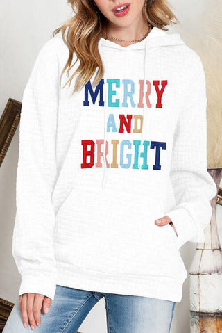 Shop MERRY AND BRIGHT Waffle-Knit Drawstring Hoodie Now On Klozey Store - Trendy U.S. Premium Women Apparel & Accessories And Be Up-To-Fashion!