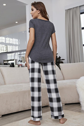 Shop Curved Hem Short Sleeve Top and Plaid Pants Lounge Set Now On Klozey Store - Trendy U.S. Premium Women Apparel & Accessories And Be Up-To-Fashion!