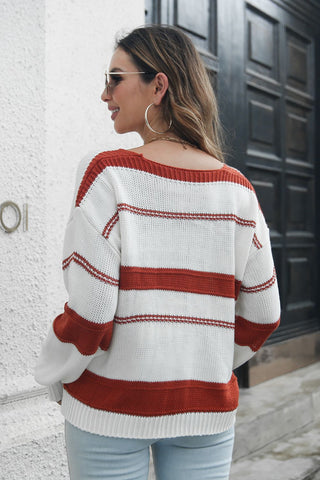 Shop Striped V-Neck Drop Shoulder Sweater Now On Klozey Store - Trendy U.S. Premium Women Apparel & Accessories And Be Up-To-Fashion!