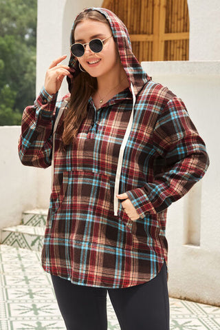 Shop Plus Size Drawstring Plaid Quarter Button Hoodie Now On Klozey Store - Trendy U.S. Premium Women Apparel & Accessories And Be Up-To-Fashion!
