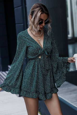 Shop Printed Flare Sleeve Plunge Neck Ruffle Trim Mini Dress Now On Klozey Store - Trendy U.S. Premium Women Apparel & Accessories And Be Up-To-Fashion!