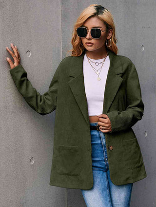 Shop Corduroy Long Sleeve Longline Blazer with Pockets Now On Klozey Store - Trendy U.S. Premium Women Apparel & Accessories And Be Up-To-Fashion!