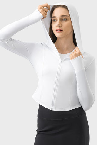Shop Pocketed Zip Up Hooded Long Sleeve Active Outerwear Now On Klozey Store - Trendy U.S. Premium Women Apparel & Accessories And Be Up-To-Fashion!