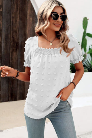 Shop Swiss Dot Puff Sleeve Square Neck Blouse Now On Klozey Store - Trendy U.S. Premium Women Apparel & Accessories And Be Up-To-Fashion!