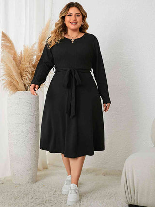 Shop Plus Size Tie Waist Long Sleeve Dress Now On Klozey Store - U.S. Fashion And Be Up-To-Fashion!