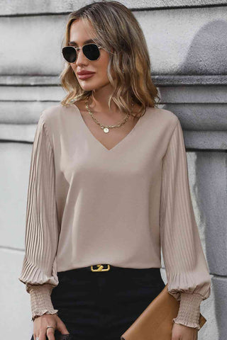 Shop Pleated Lantern Sleeve V-Neck Blouse Now On Klozey Store - Trendy U.S. Premium Women Apparel & Accessories And Be Up-To-Fashion!