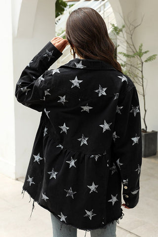 Shop Collared Neck Star Print Long Sleeve Denim Jacket Now On Klozey Store - Trendy U.S. Premium Women Apparel & Accessories And Be Up-To-Fashion!