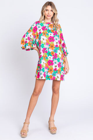 Shop GeeGee Full Size Floral Round Neck Lantern Sleeve Mini Dress Now On Klozey Store - Trendy U.S. Premium Women Apparel & Accessories And Be Up-To-Fashion!
