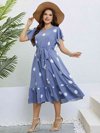Shop Polka Dot Belted Flutter Sleeve Ruffle Hem Dress Now On Klozey Store - Trendy U.S. Premium Women Apparel & Accessories And Be Up-To-Fashion!
