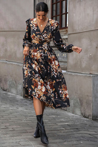Shop Floral Surplice Tie Front Ruffle Hem Midi Dress Now On Klozey Store - Trendy U.S. Premium Women Apparel & Accessories And Be Up-To-Fashion!