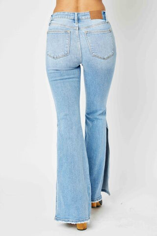 Shop Judy Blue Full Size Mid Rise Raw Hem Slit Flare Jeans Now On Klozey Store - Trendy U.S. Premium Women Apparel & Accessories And Be Up-To-Fashion!